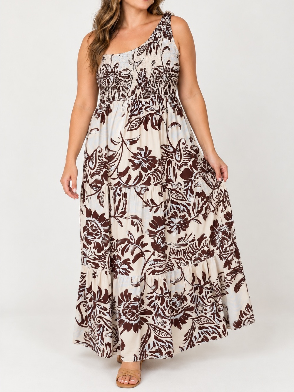 Abel the Label One Shoulder Botanical Floral Smocked Tiered Maxi Dress